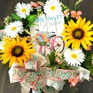 Hand Crafted Bike Wreath Spring  MultiSeasonal Sunflower Home Sweet Home Fi…